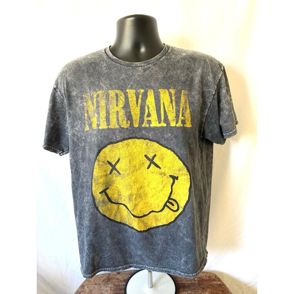 Nirvana Smiley Face Acid Wash Graphic T-Shirt Gray Large